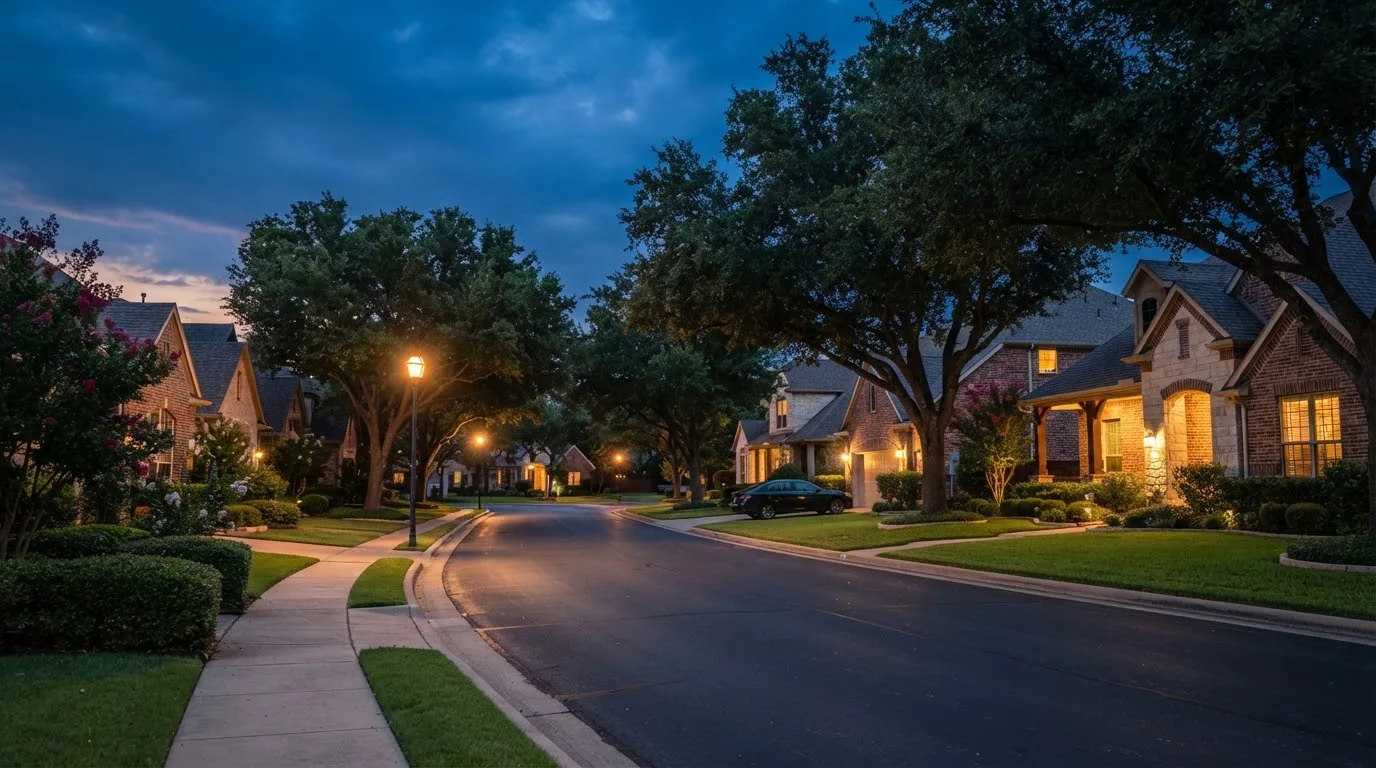 A quiet residential street at dusk, like the neighborhoods served in Arlington